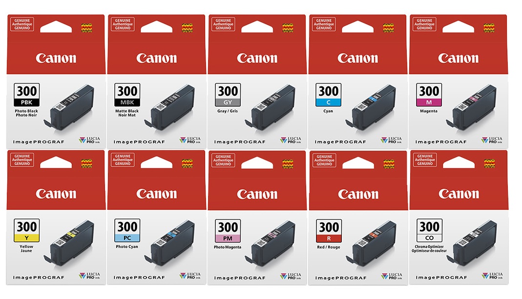 Sử dụng mực in Canon: PFI-300 (Cyan / Magenta / Yellow / Red / Photo Cyan / Photo Magenta / Grey / Photo Black / Matte Black